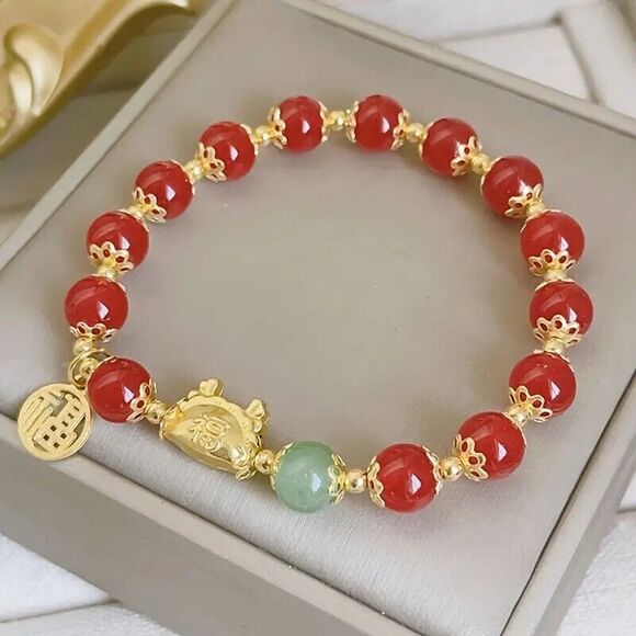 Lucky Dragon Red Bead Bracelet with Synthetic Jade Bead - Picture 5 of 5
